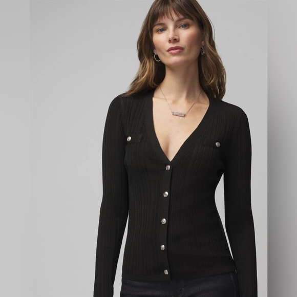 White House Black Market Navy Slinky Long Sleeve Snap Front Cardigan Size M - Picture 14 of 14